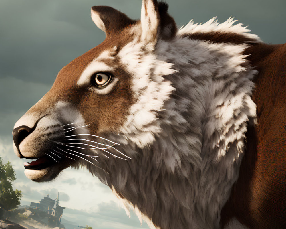 Stylized saber-toothed tiger digital artwork with detailed fur and cloudy sky backdrop