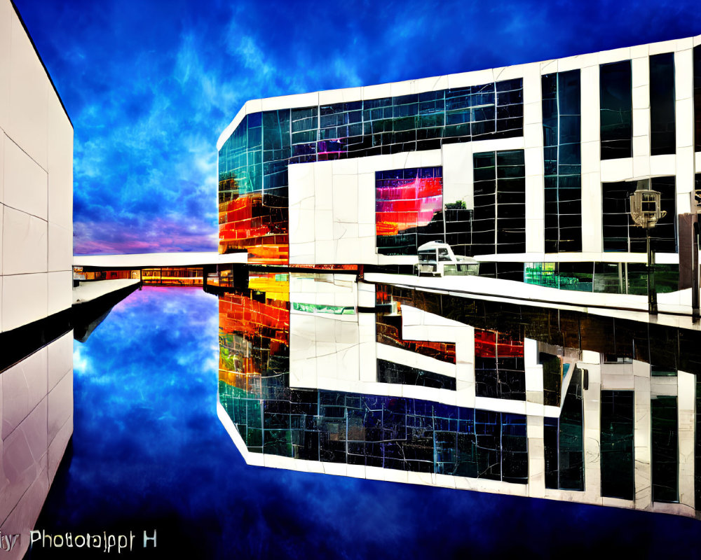 Modern building with reflective glass facade mirrored in water against sunset sky