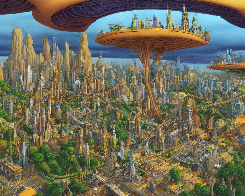 Futuristic cityscape with towering spires and mushroom-shaped structure