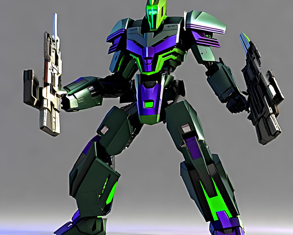 Bipedal green and purple robot with guns on gray background