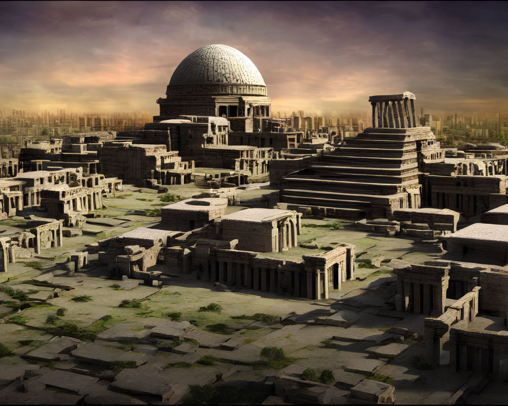 Futuristic ancient city with classical architecture and dramatic sky