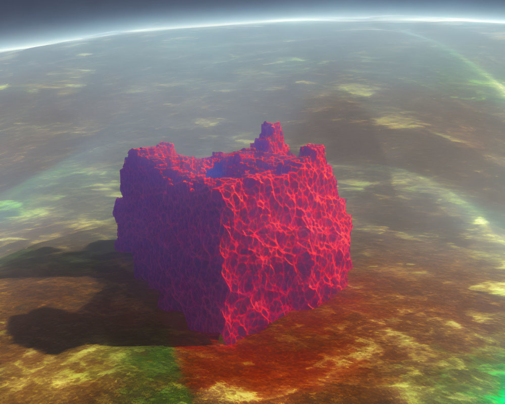 Glowing red cube hovers over textured planetary landscape