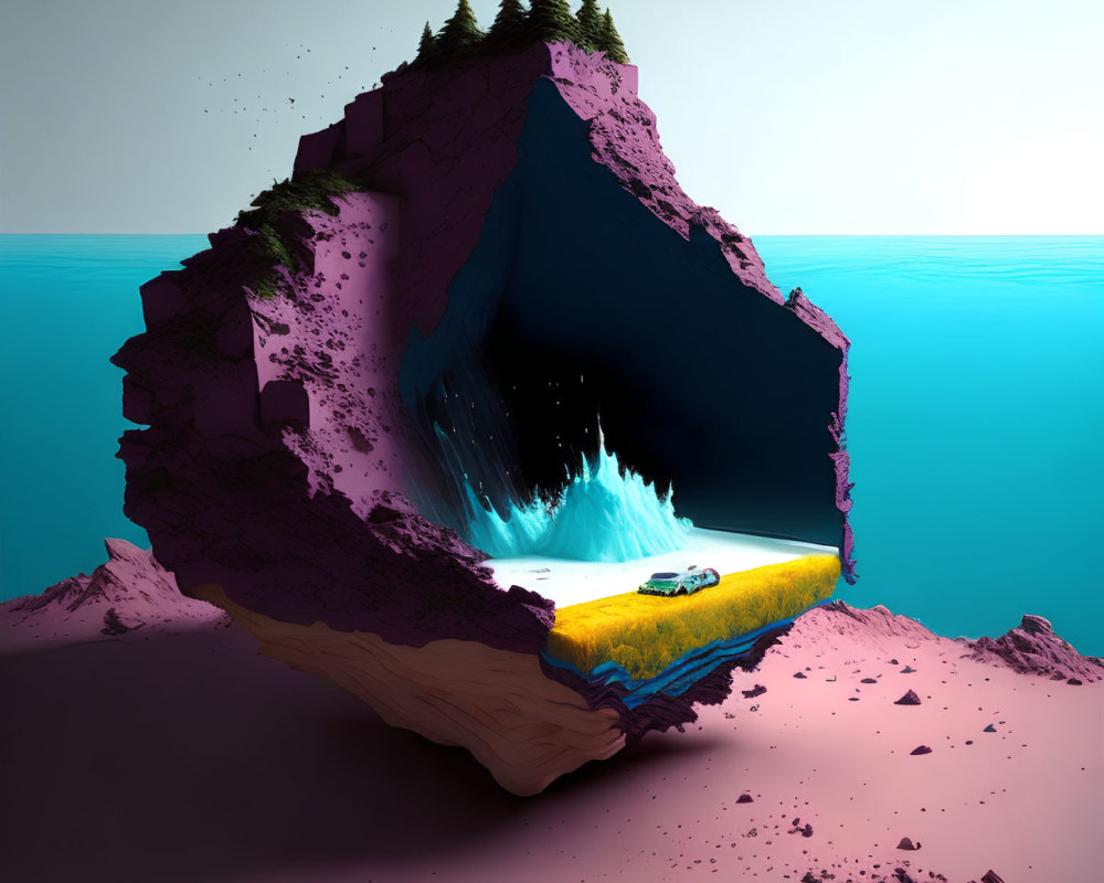 Surreal floating island with waterfall, trees, car on sandy beach