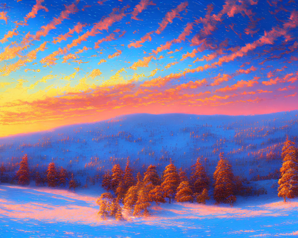 Scenic pink clouds at sunset over snowy landscape