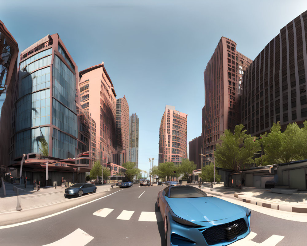 Panoramic modern city street with tall buildings and clear blue skies