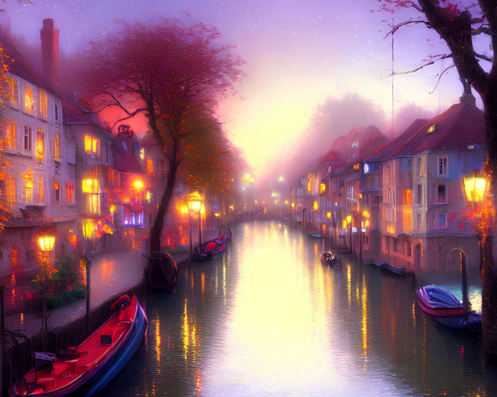 Canal with Old Houses and Boats Under Twilight Sky