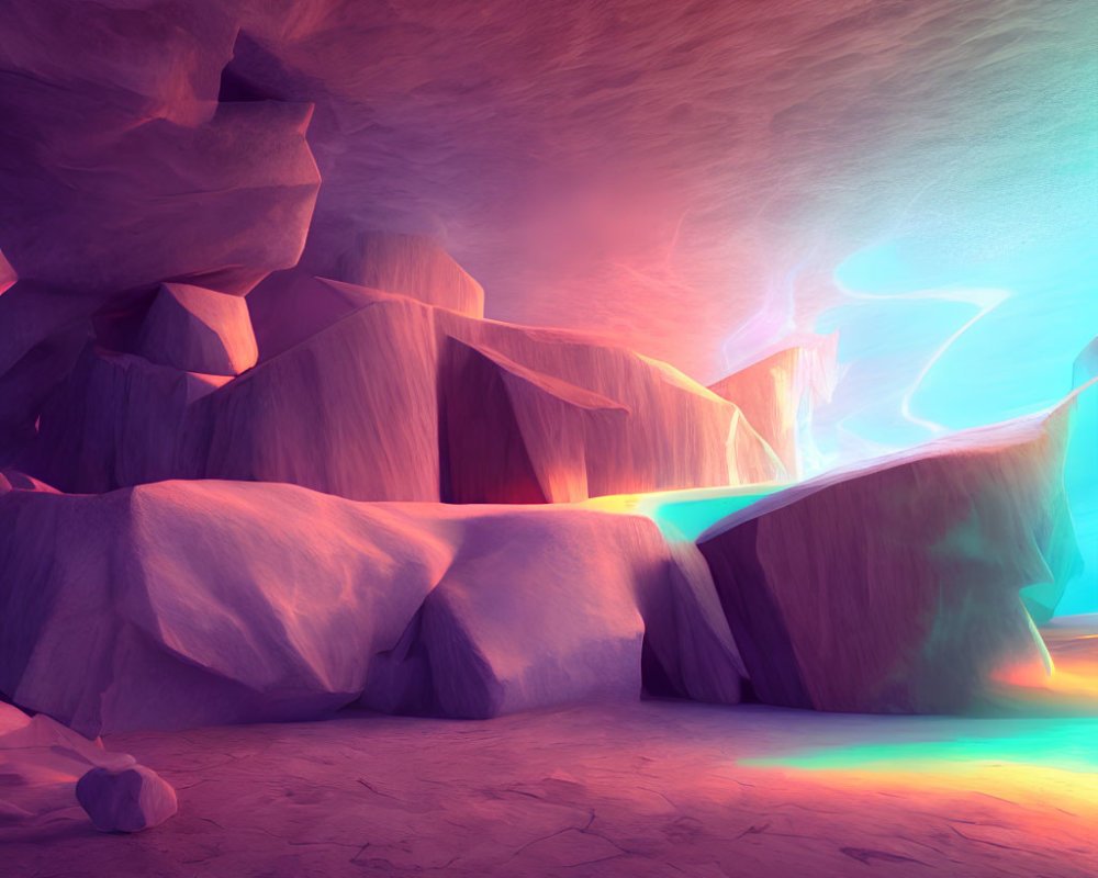 Neon-lit cave with vibrant purple and blue lighting