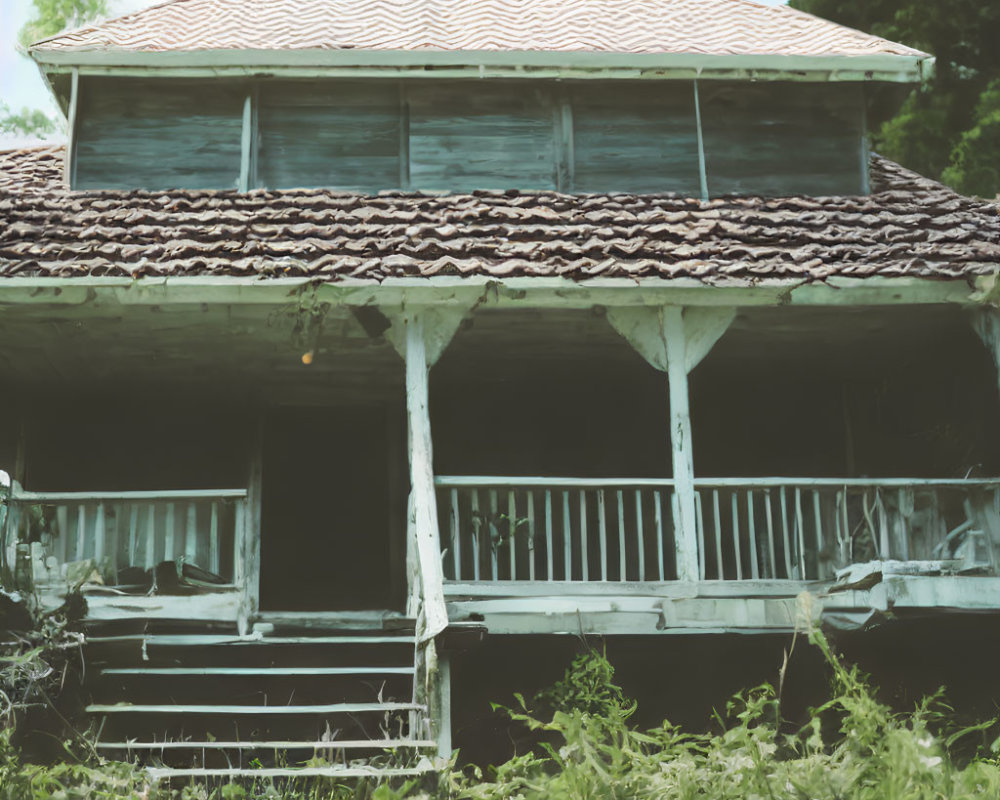 Weathered Two-Story House with Overgrown Vegetation and Dilapidated Porch