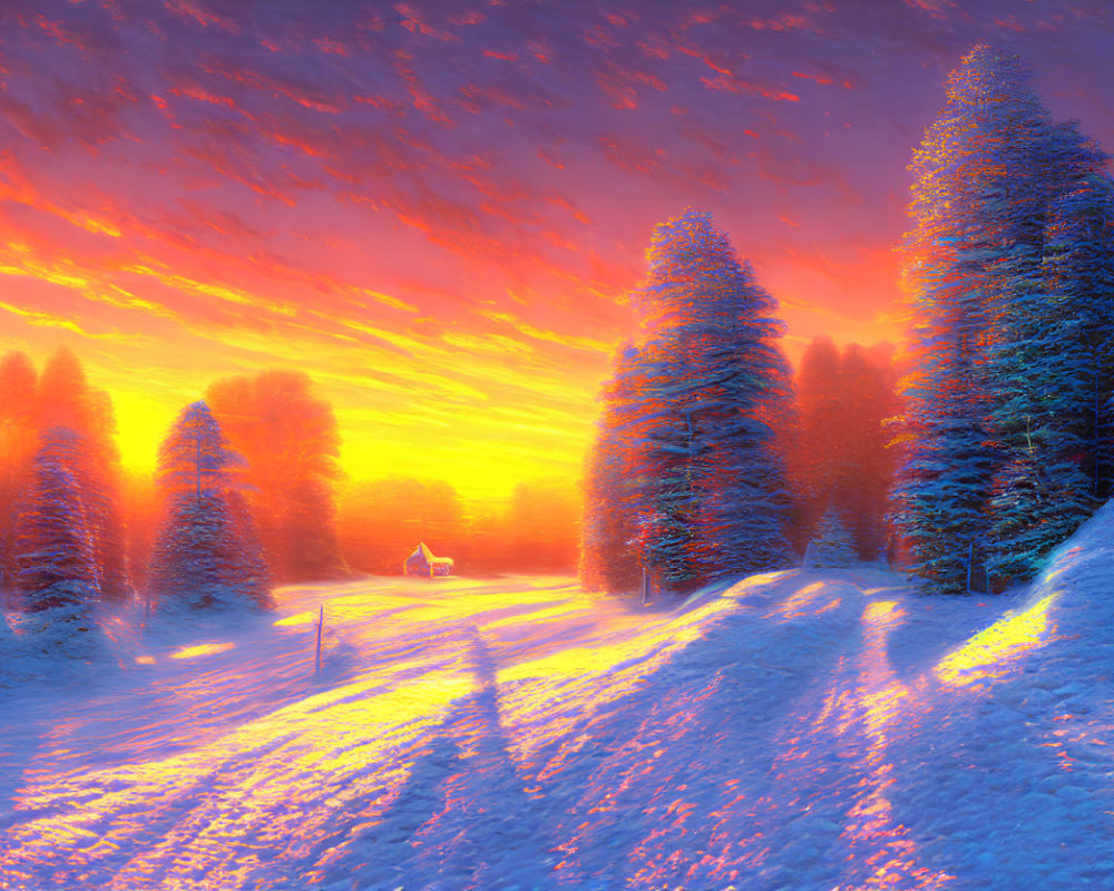 Winter sunset with fiery clouds over snow-covered landscape and glowing house