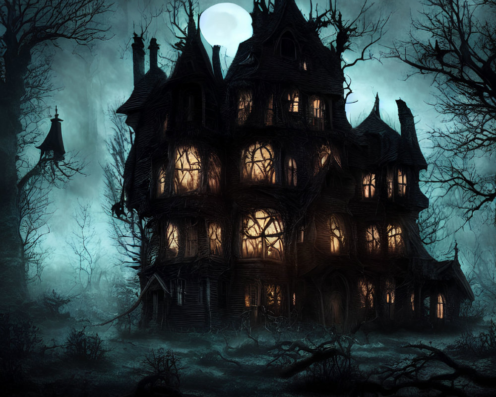 Victorian mansion at night with glowing windows under full moon