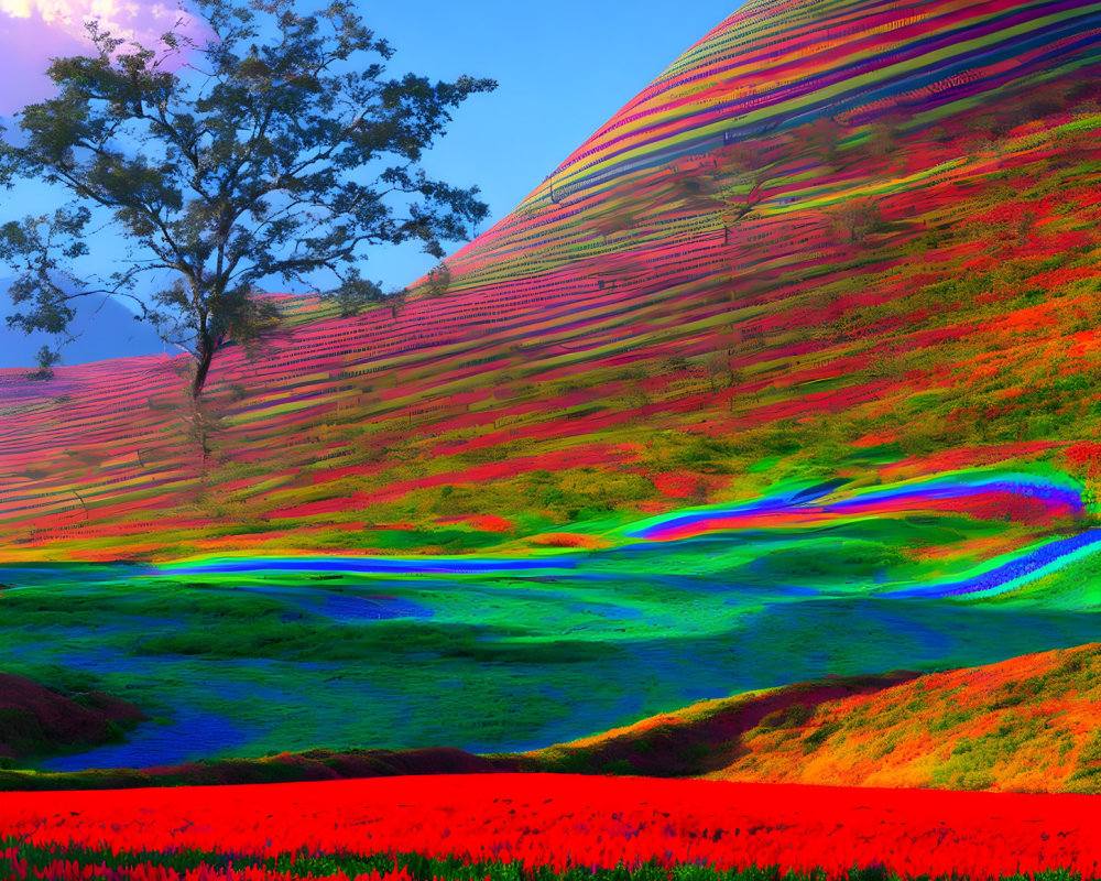 Colorful surreal landscape with rainbow hills, tree, red flowers, and blue sky