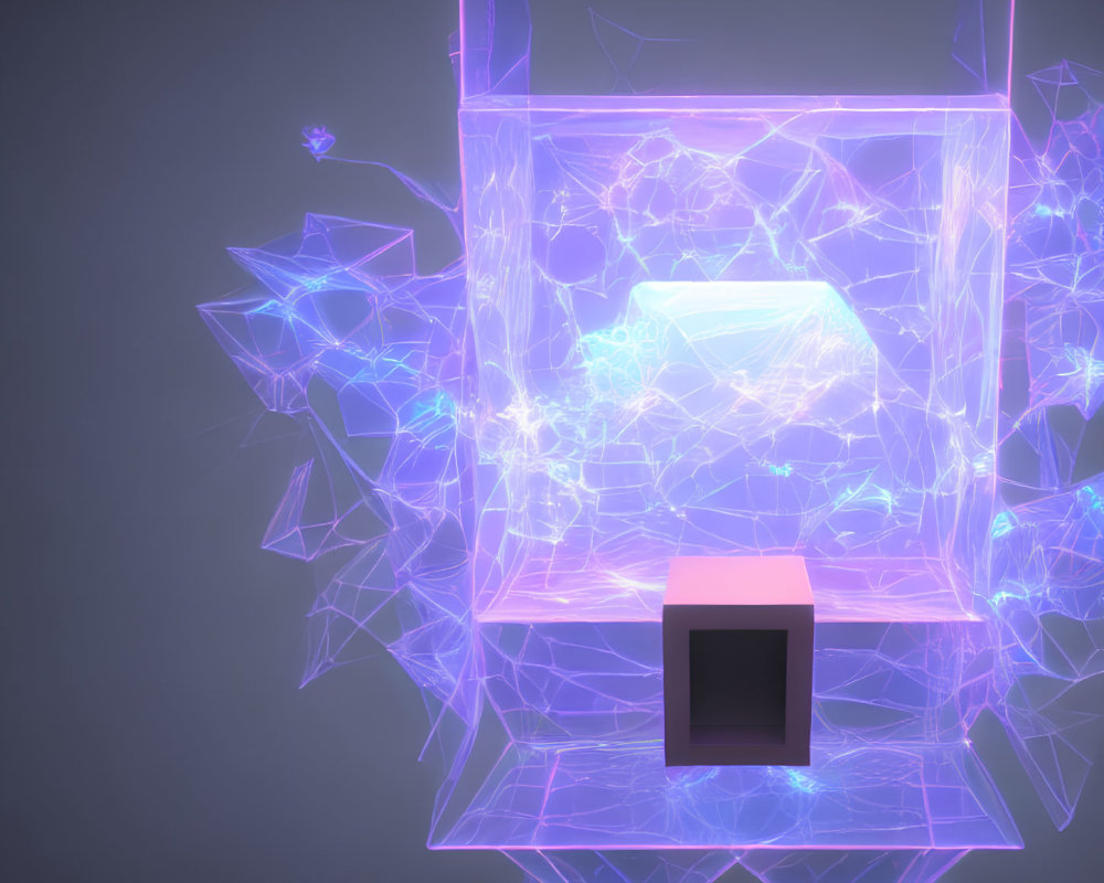 Neon blue geometric cube in dark space