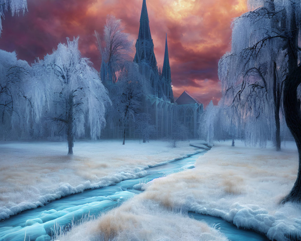 Frost-covered trees, frozen stream, old church in snowy landscape
