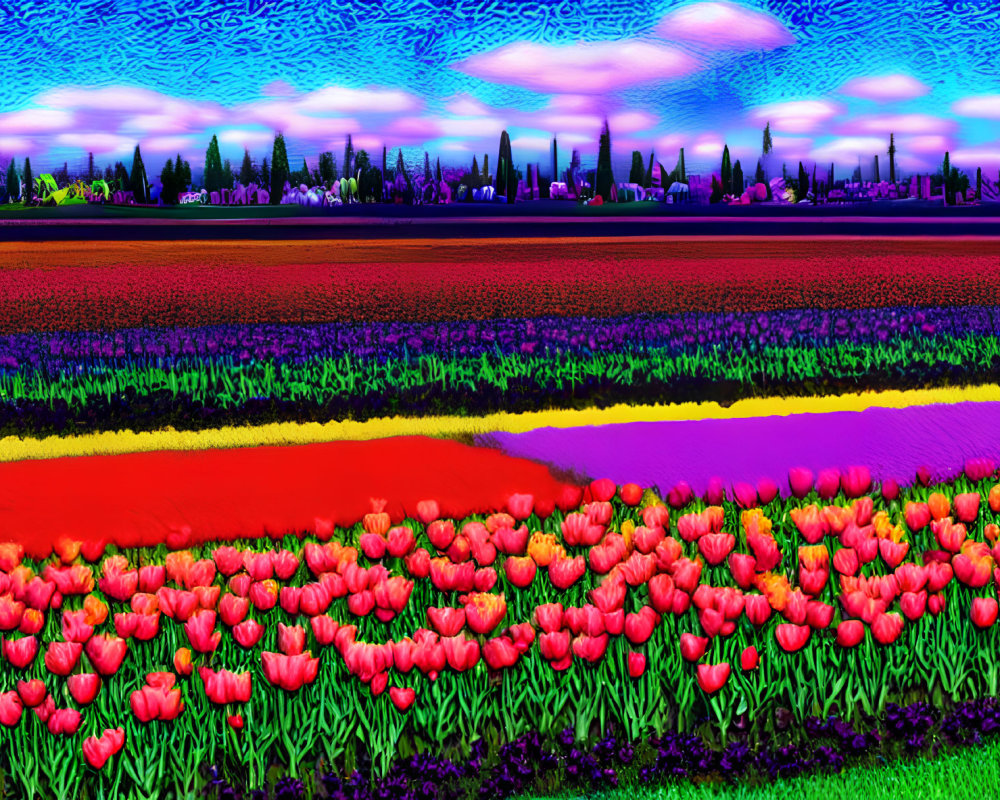 Colorful Tulip Fields Under Psychedelic Sky with Swirling Patterns