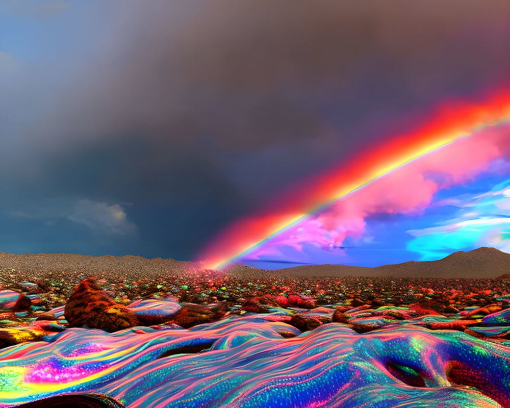 Colorful Psychedelic Landscape with Rainbow and Stormy Sky