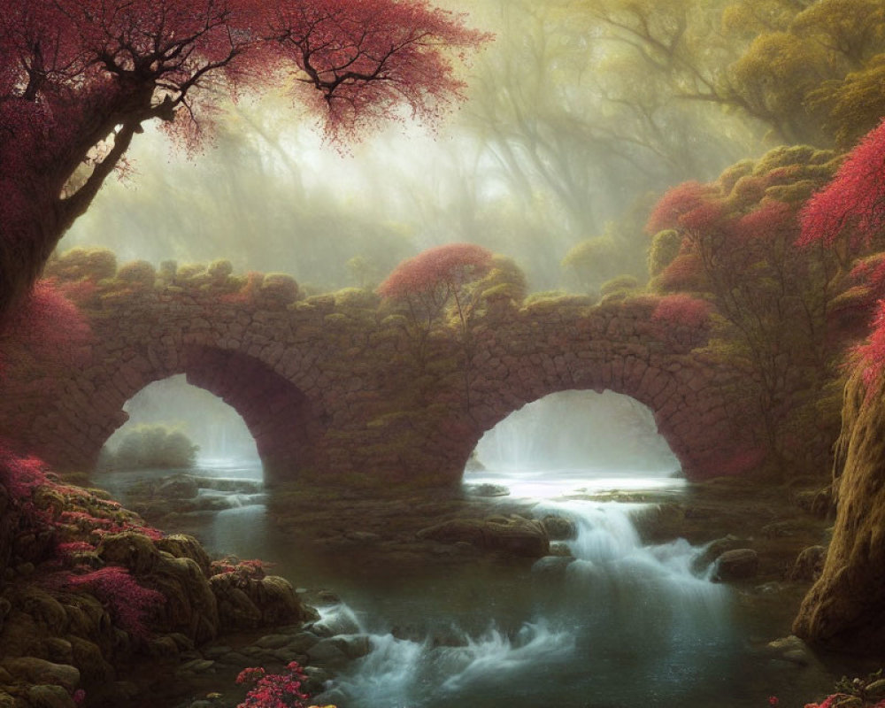Tranquil forest scene with double-arched stone bridge and pink foliage