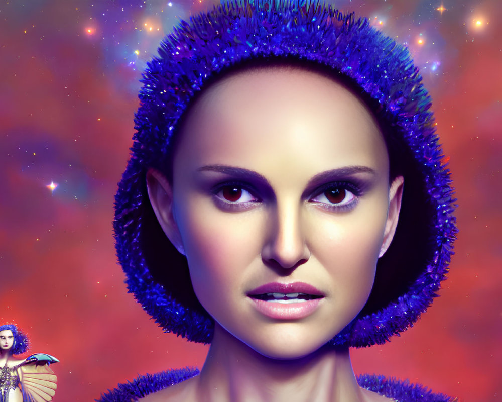 Digital artwork of woman's face with glowing skin in cosmic setting with fantasy figure.