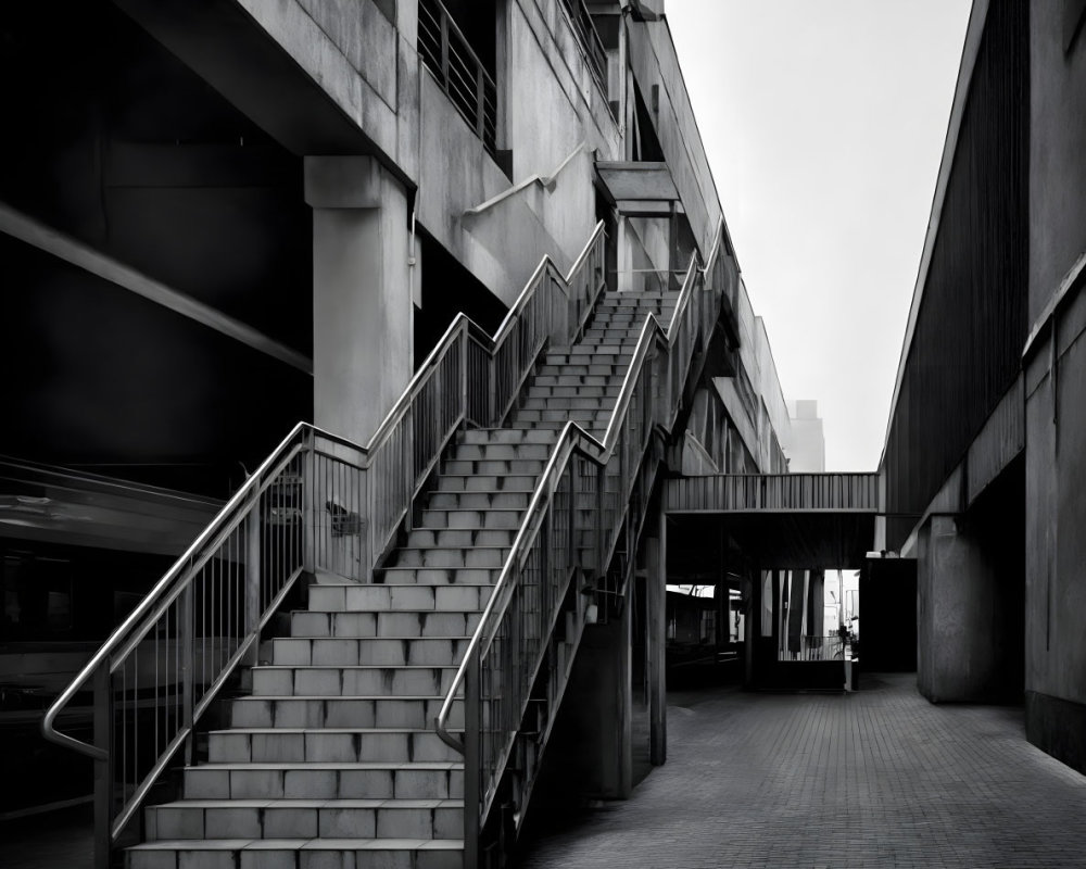Monochrome urban staircase between buildings with architectural lines.
