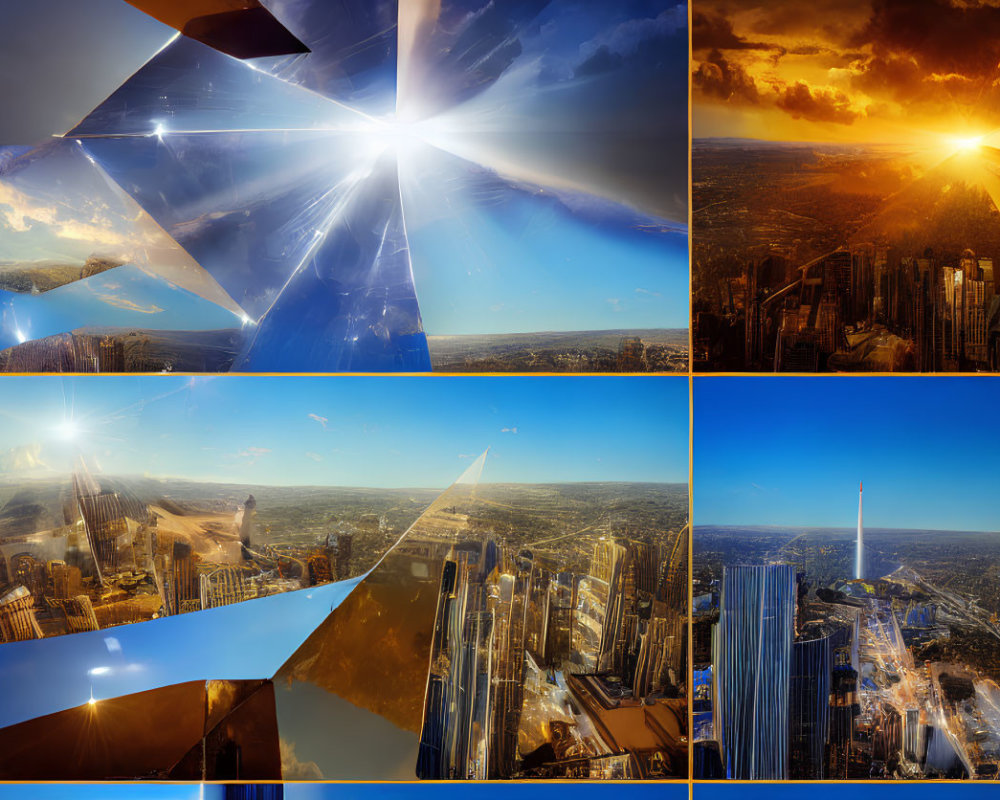 Cityscape Collage with Sun Flare from High Vantage Points