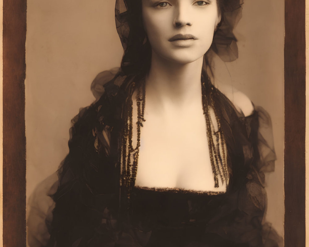 Sepia-Toned Vintage Portrait of Woman in Dark Ruffled Dress