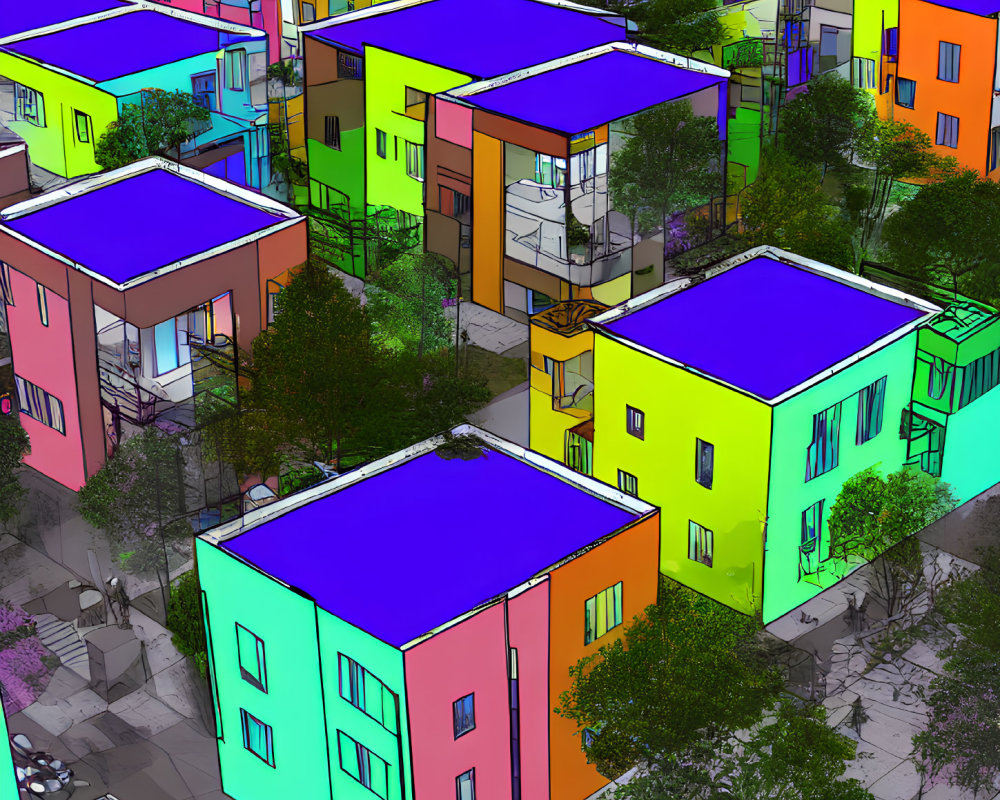 Colorful urban neighborhood with multicolored houses, trees, and people walking.