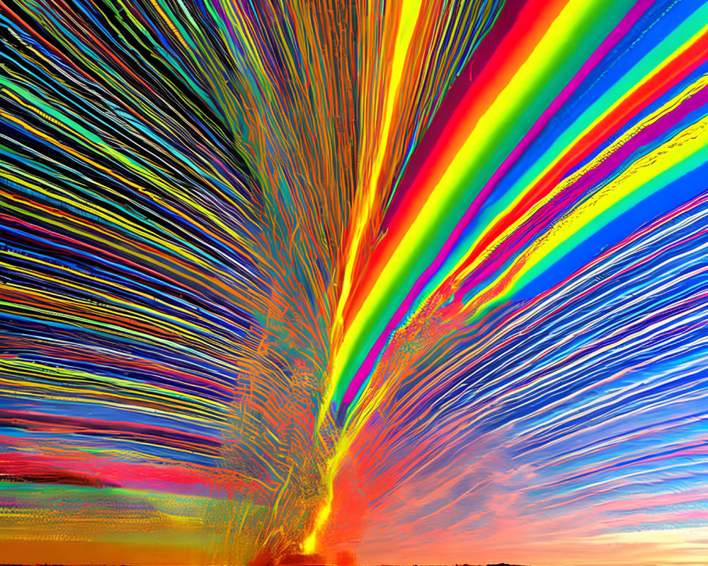 Colorful neon rainbow lines on surreal Mars landscape with blue sky