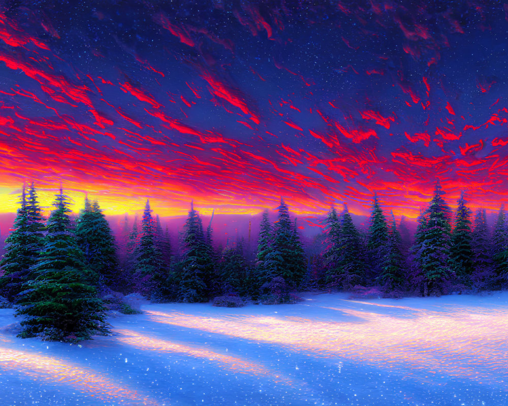 Fiery sky over snow-covered winter landscape