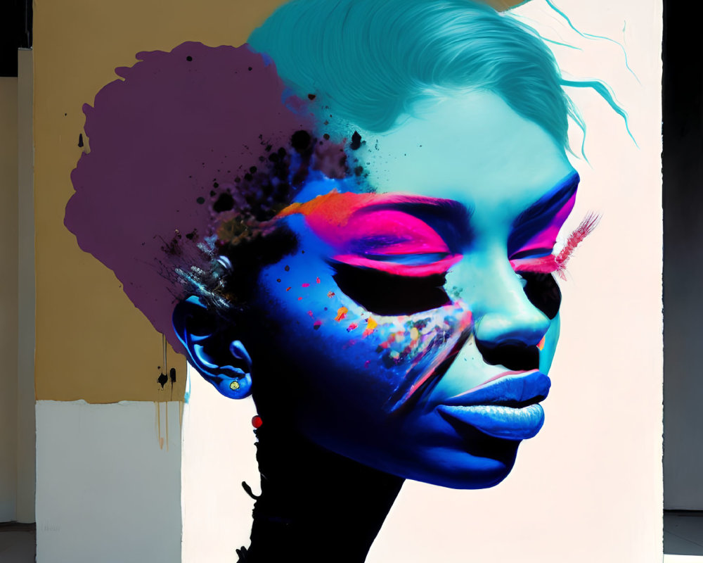 Vibrant digital portrait of woman with blue skin and colorful background
