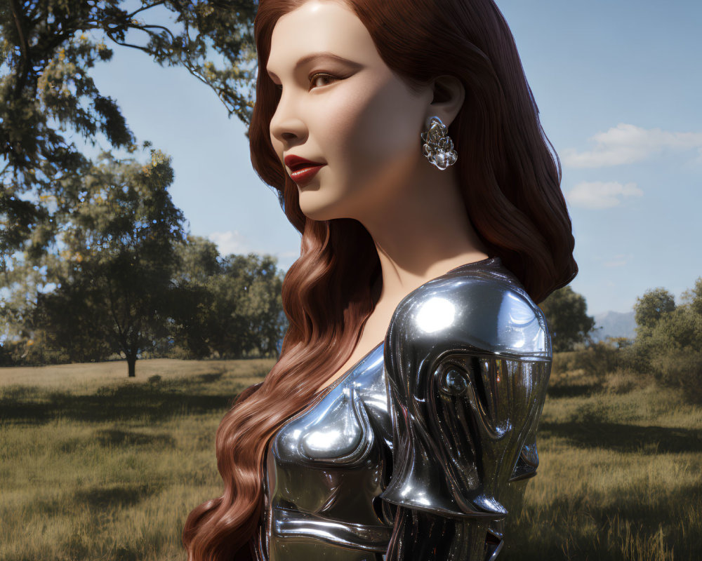 Woman with Long Red Hair in Silver Armor 3D Rendering Outdoors