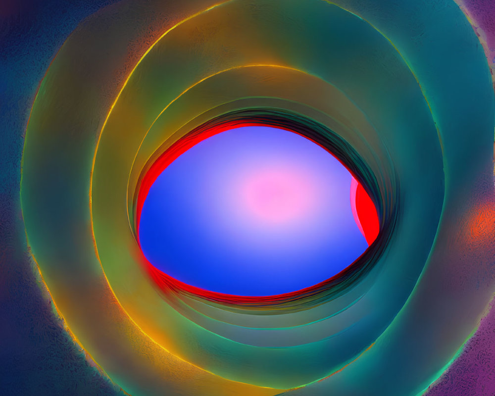 Layered concentric shapes in blue, red, and yellow tones on textured background