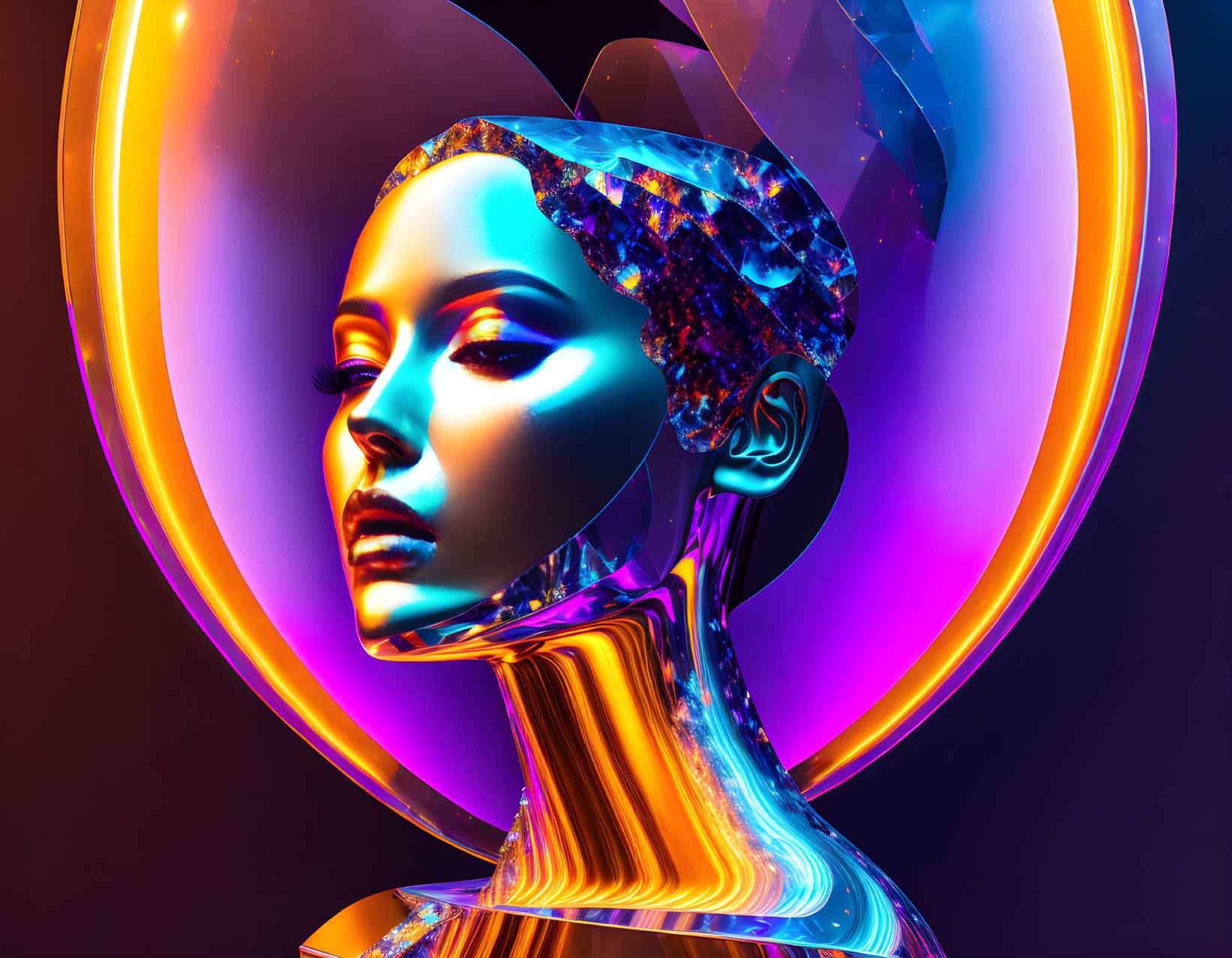 Futuristic digital art: Vibrant woman with crystalline head in neon rings