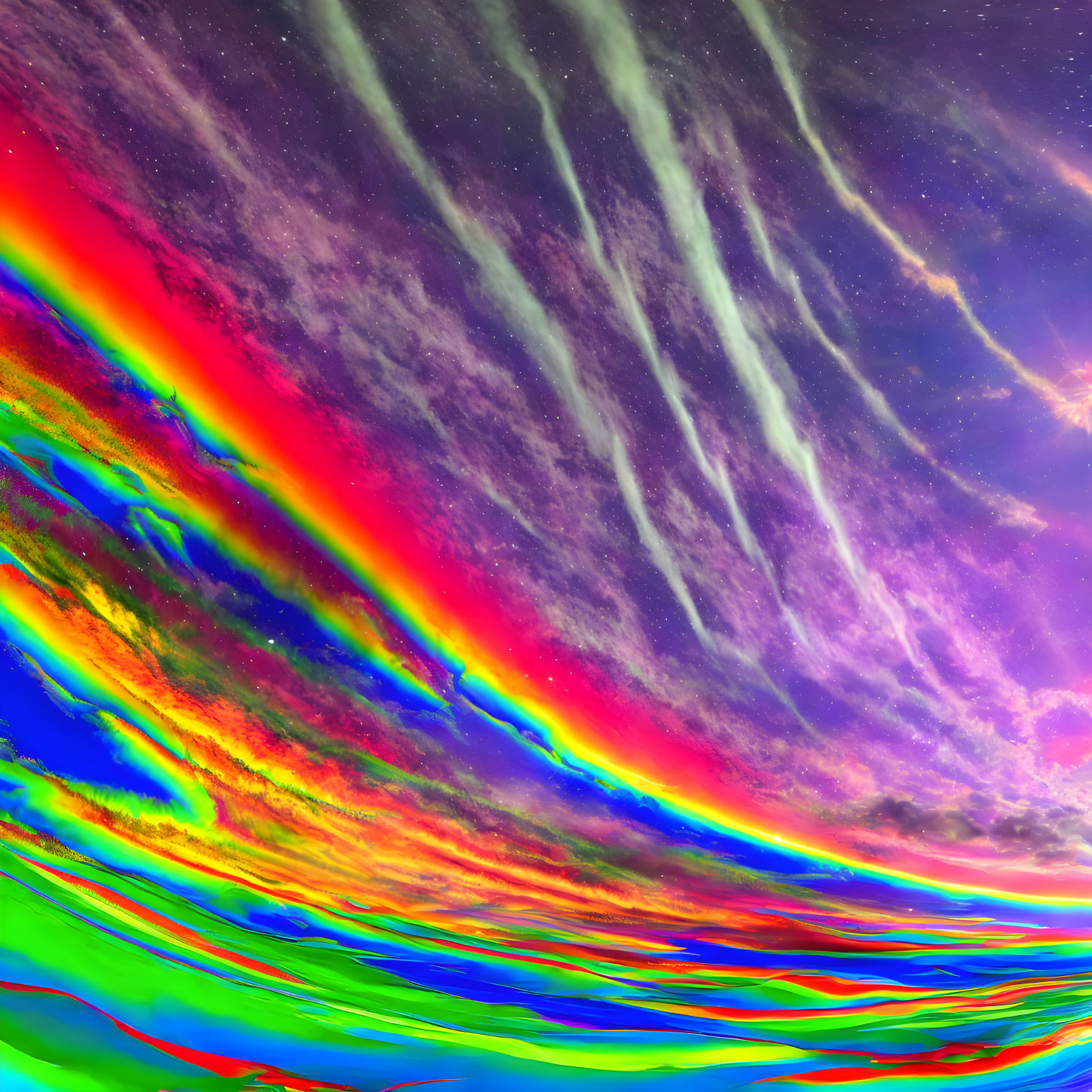 Digitally altered sky with exaggerated rainbow hues and swirling patterns