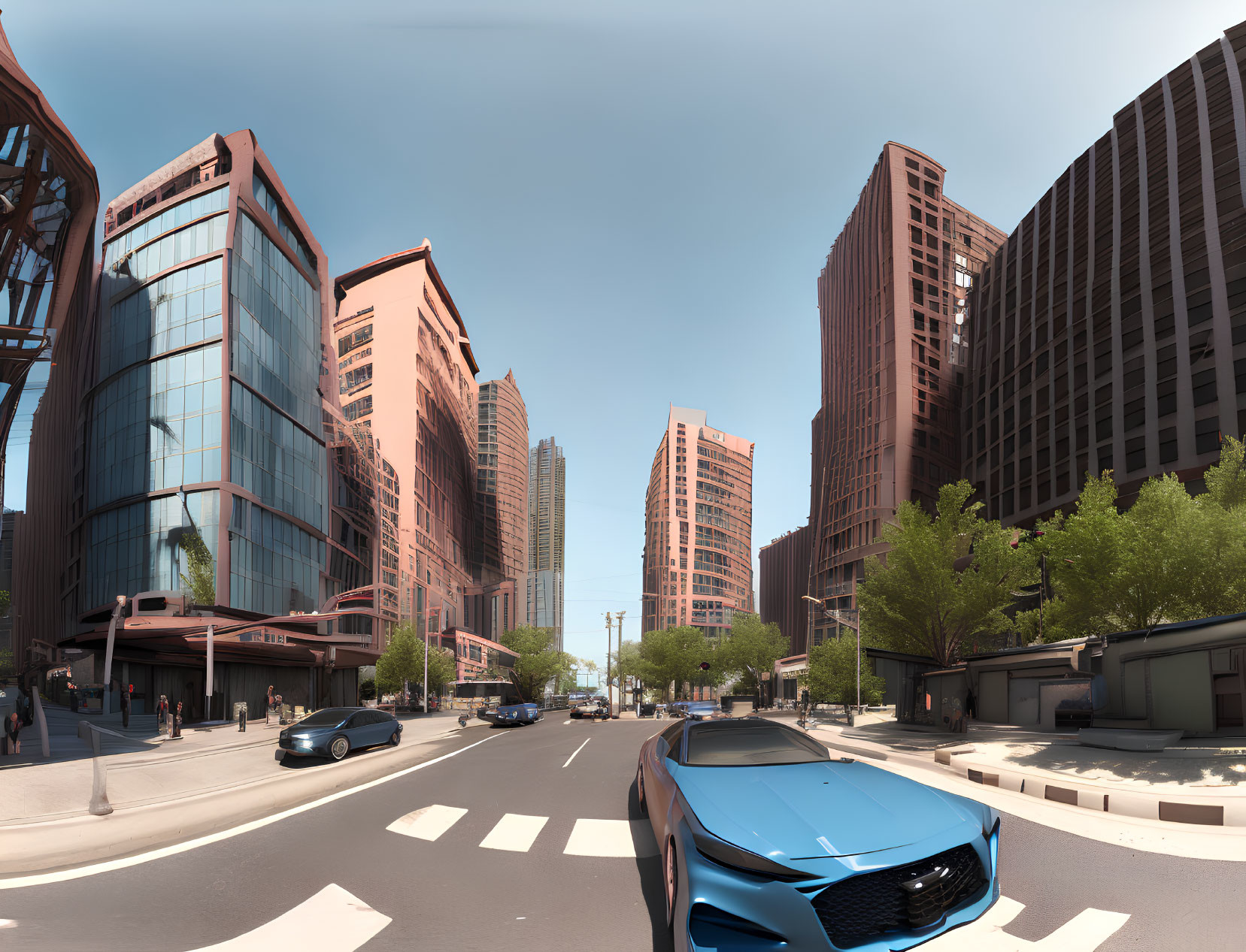 Panoramic modern city street with tall buildings and clear blue skies