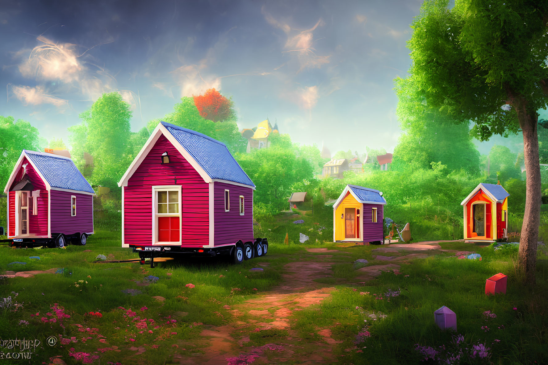 Vibrant tiny houses on wheels in tranquil meadow setting