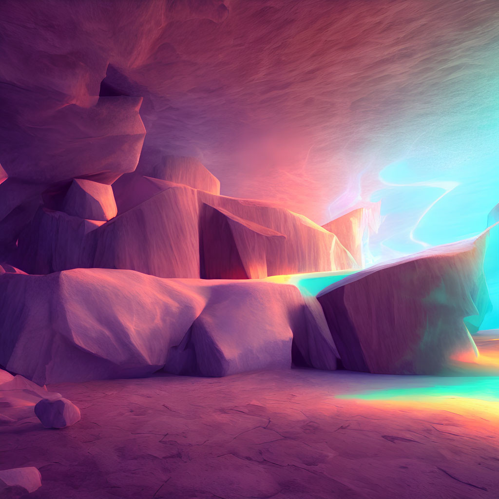 Neon-lit cave with vibrant purple and blue lighting