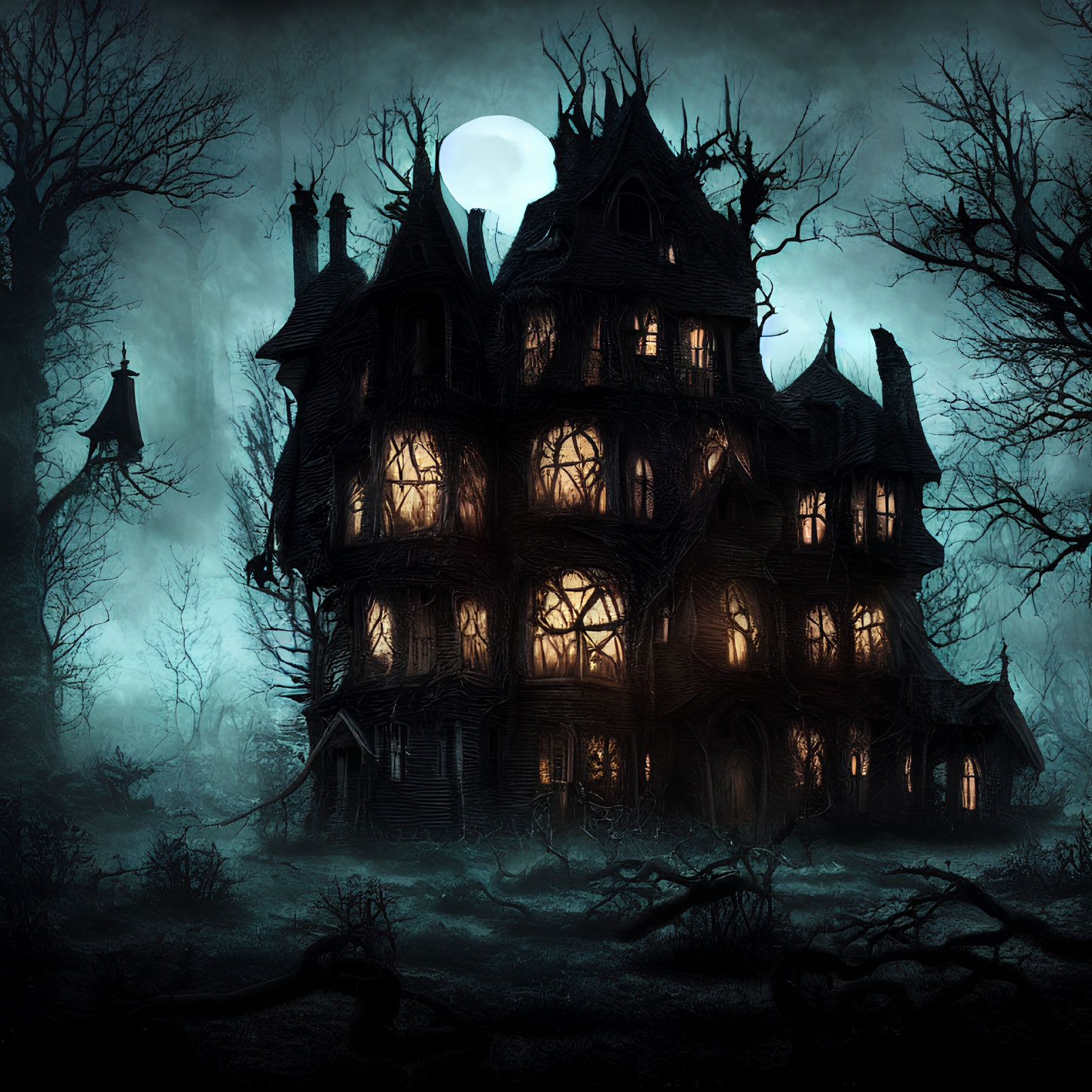 Victorian mansion at night with glowing windows under full moon