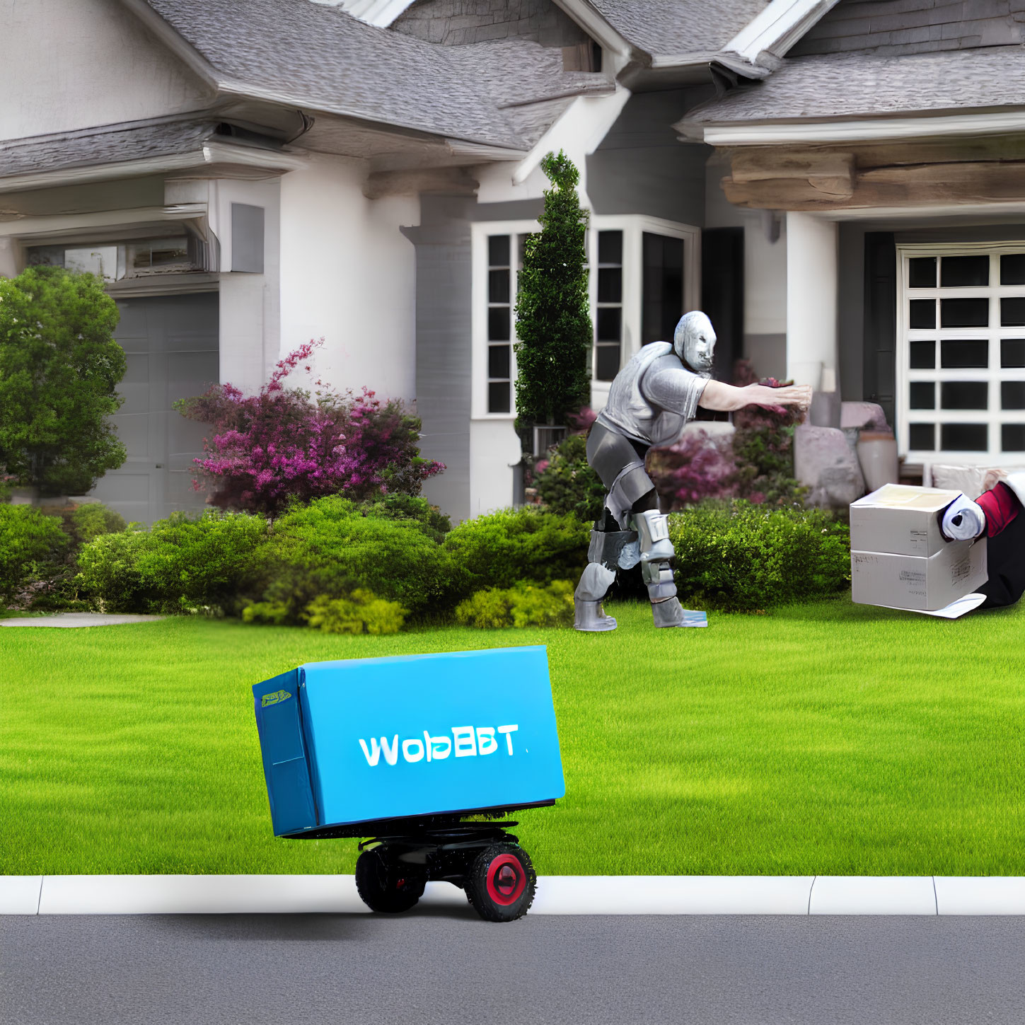 Humanoid robot delivering large blue "WobET" package in front of residential home