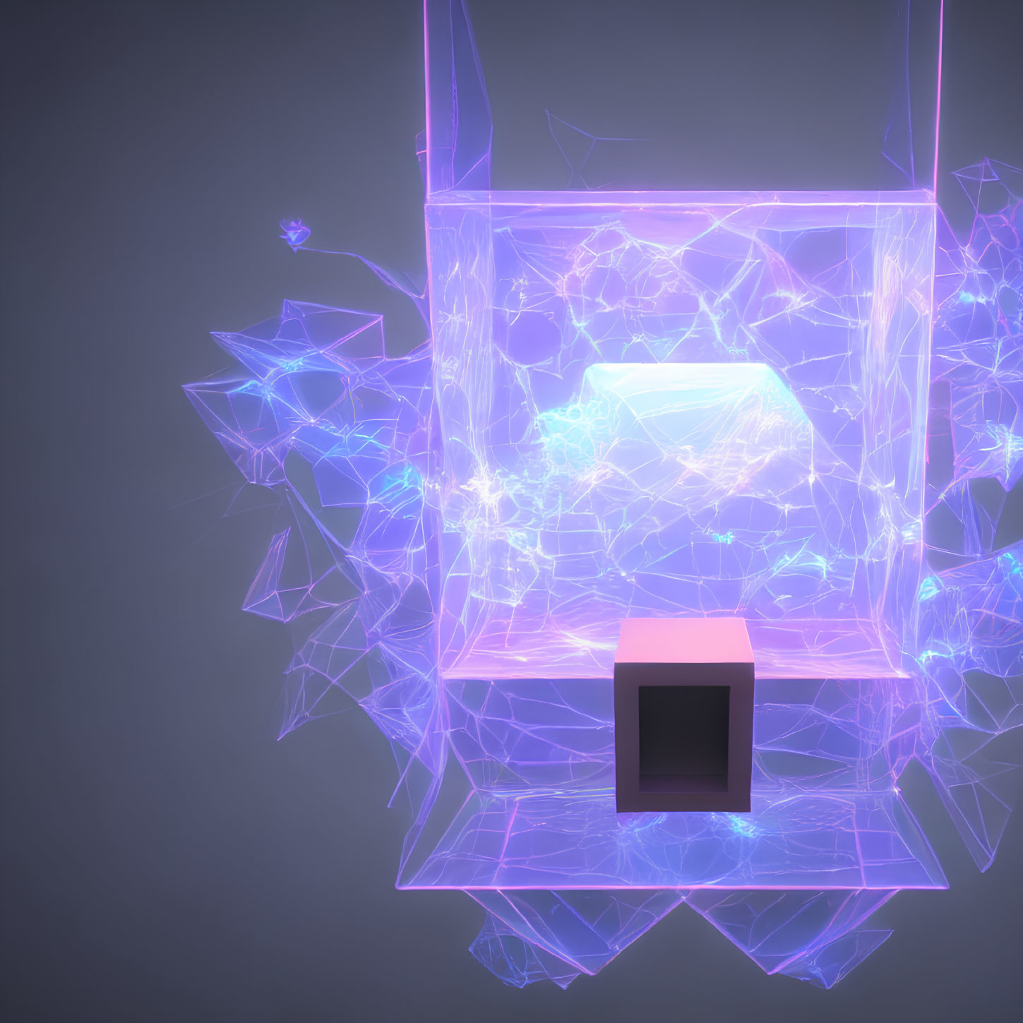 Neon blue geometric cube in dark space