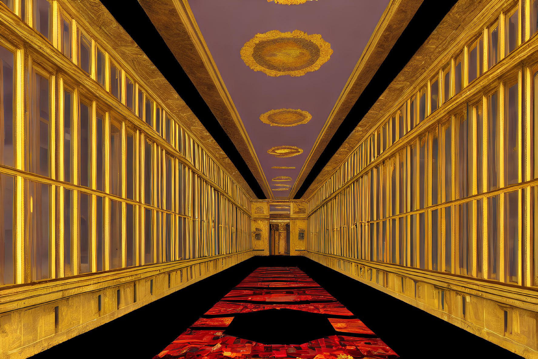 Luxurious Golden Hallway with Ornate Ceiling and Red Carpet