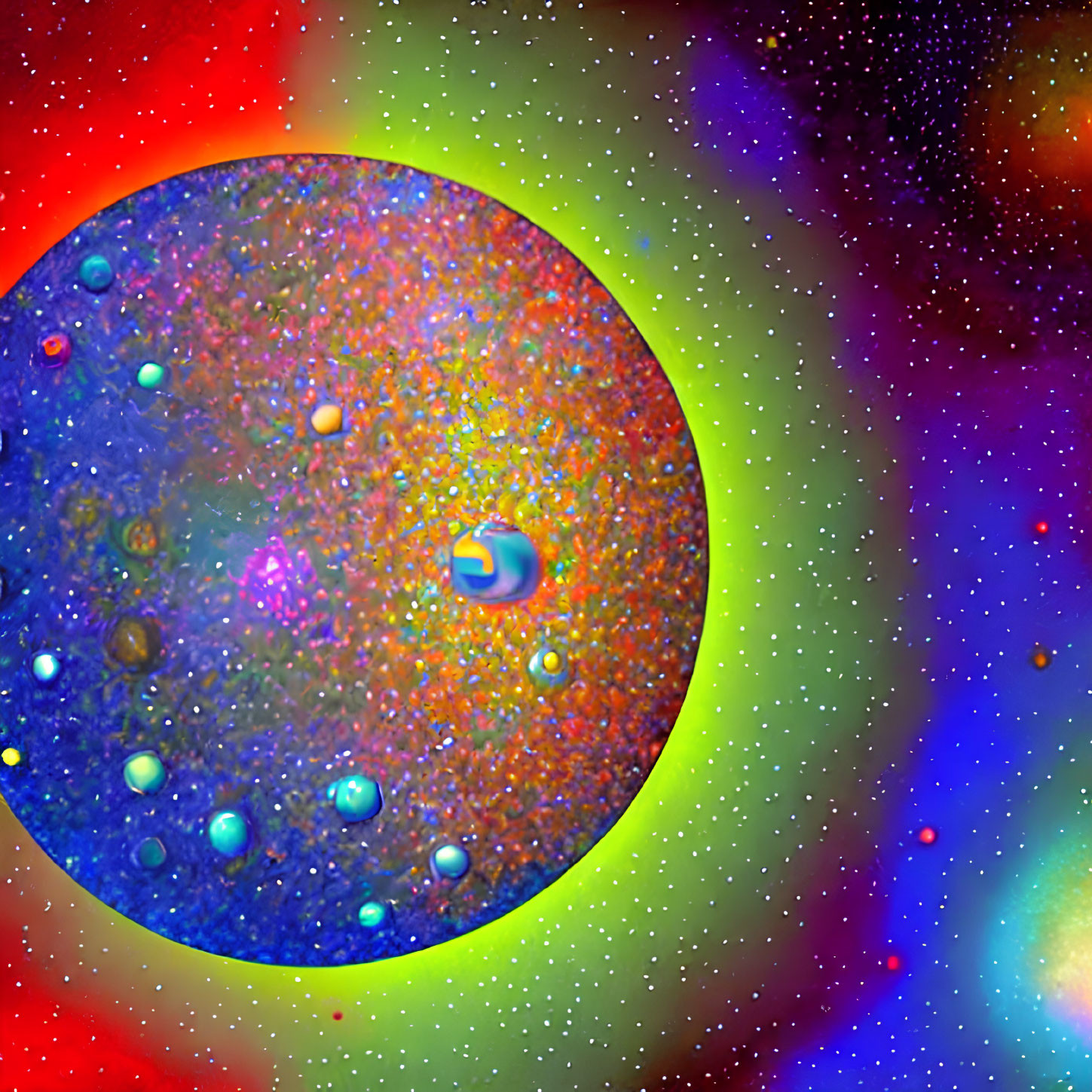 Colorful Abstract Cosmic Scene with Large Sphere and Starry Background