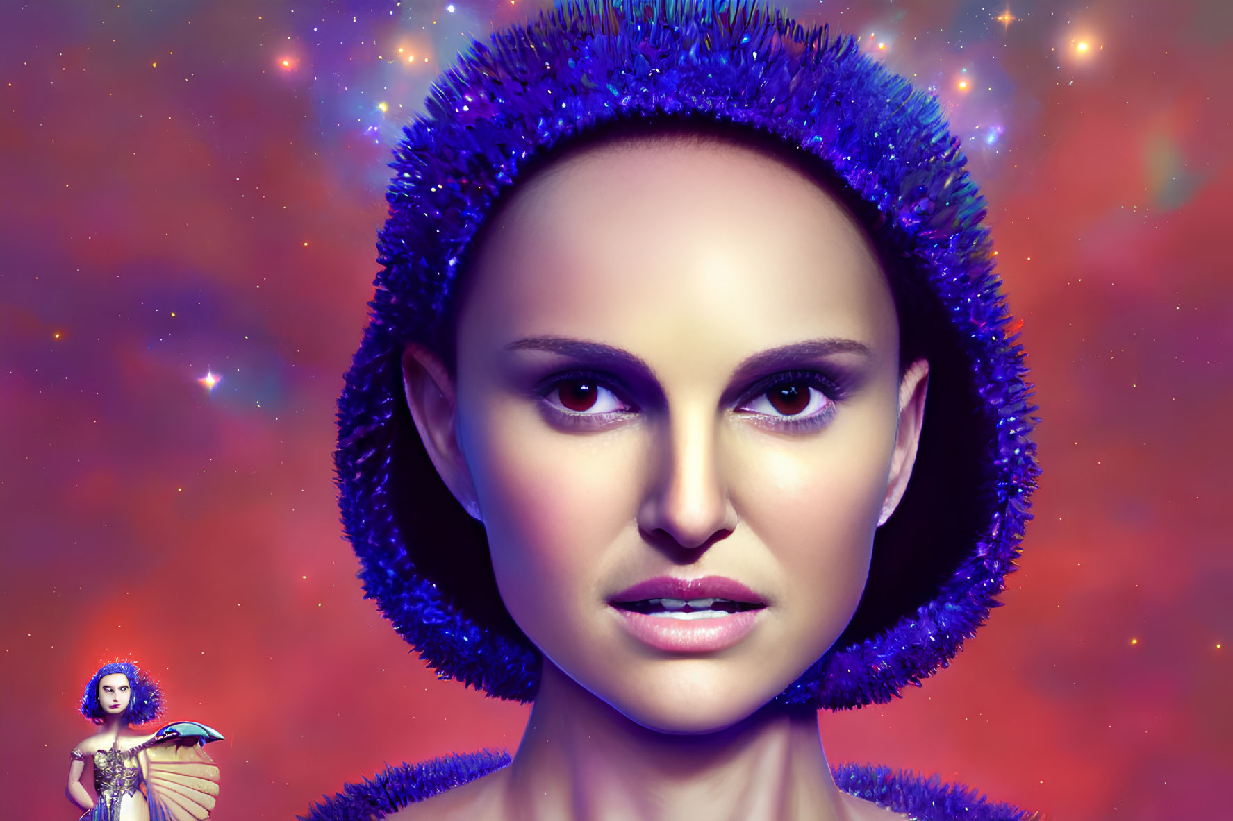 Digital artwork of woman's face with glowing skin in cosmic setting with fantasy figure.