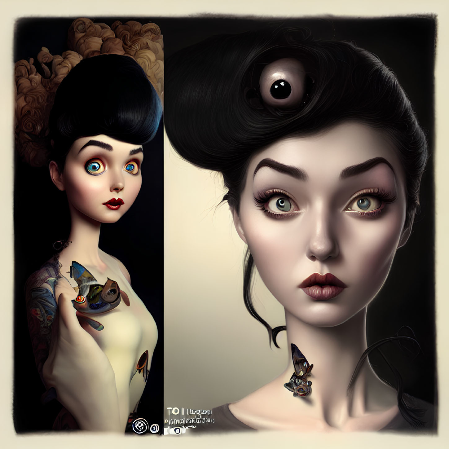 Portrait of woman with large eyes, tattoos, and whimsical elements
