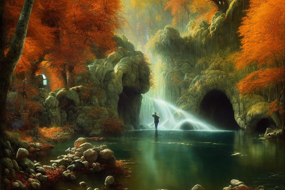Tranquil autumn river scene with person, waterfall, orange foliage