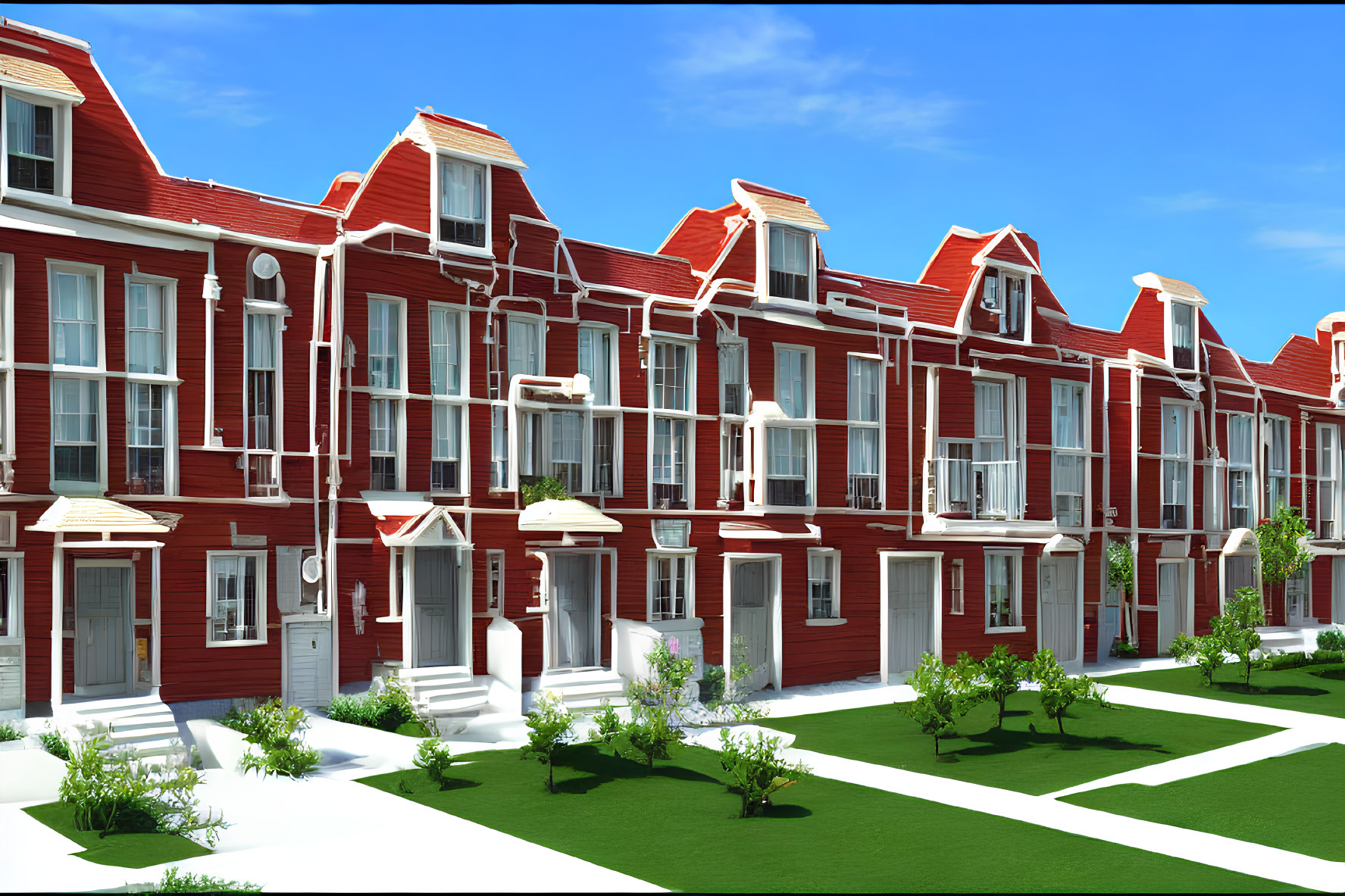 Red Brick Townhouses with Gabled Roofs and Balconies
