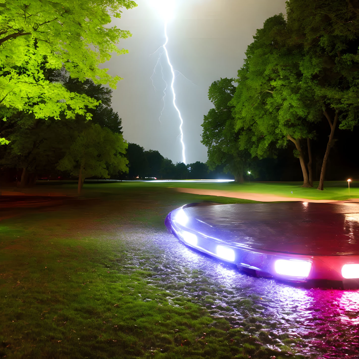 Nighttime park scene: lightning bolt, green trees, curved path with purple lights