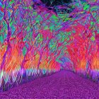 Colorful digital art: Whimsical forest path with psychedelic hues