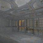 Dimly-lit Room with Reflective Floor and Ornate Chandeliers