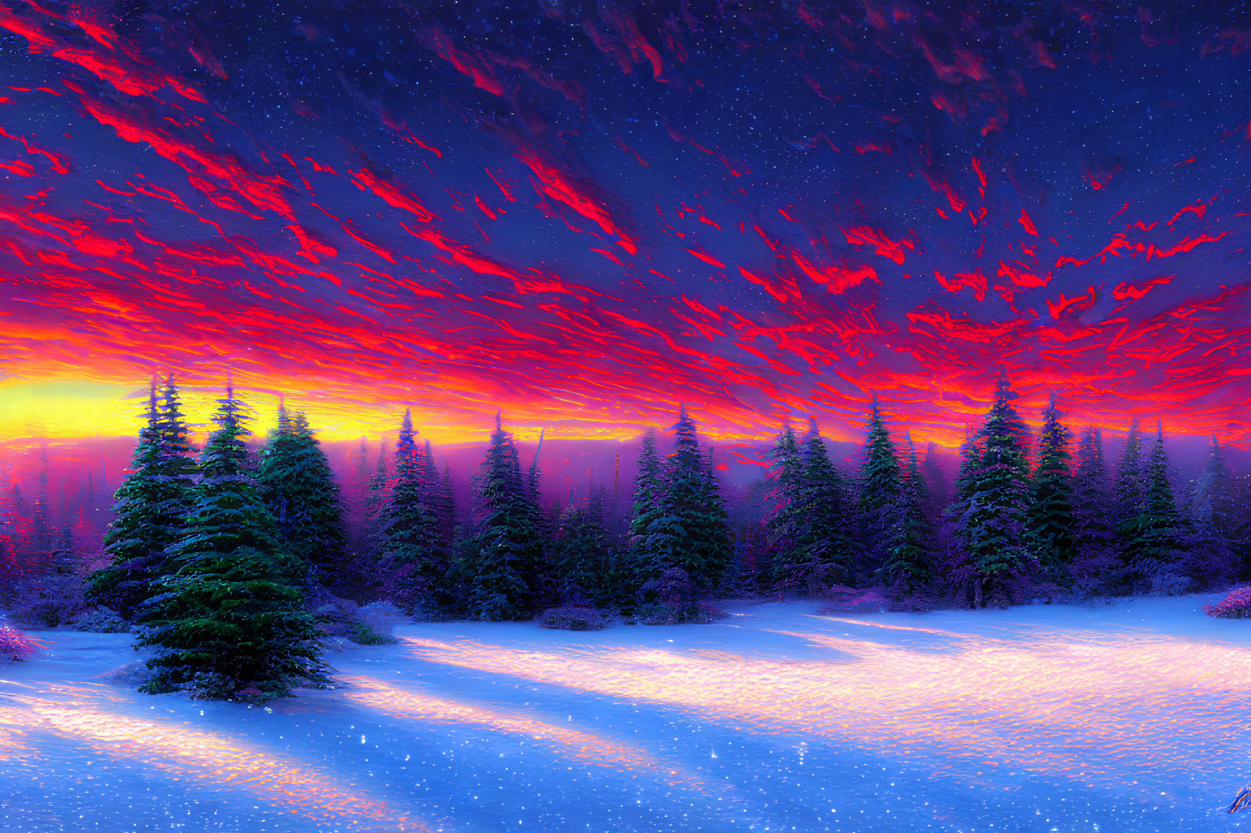 Fiery sky over snow-covered winter landscape