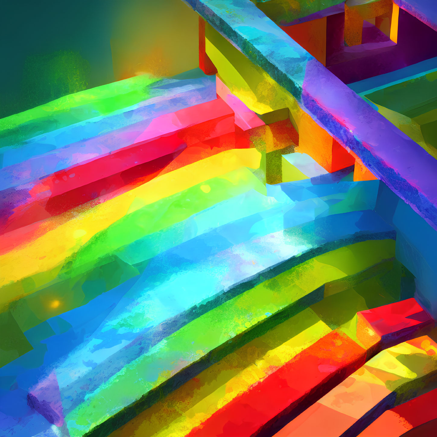 Colorful Abstract Digital Artwork: Multi-Hued Staircase with Light and Shadow Effects