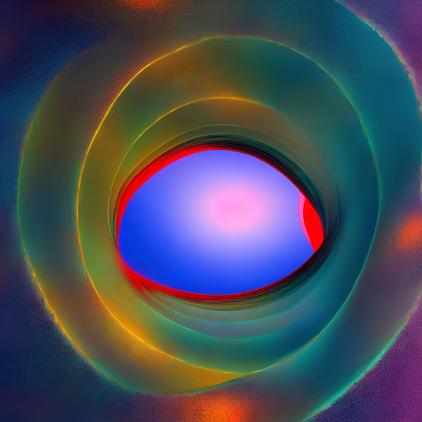 Layered concentric shapes in blue, red, and yellow tones on textured background
